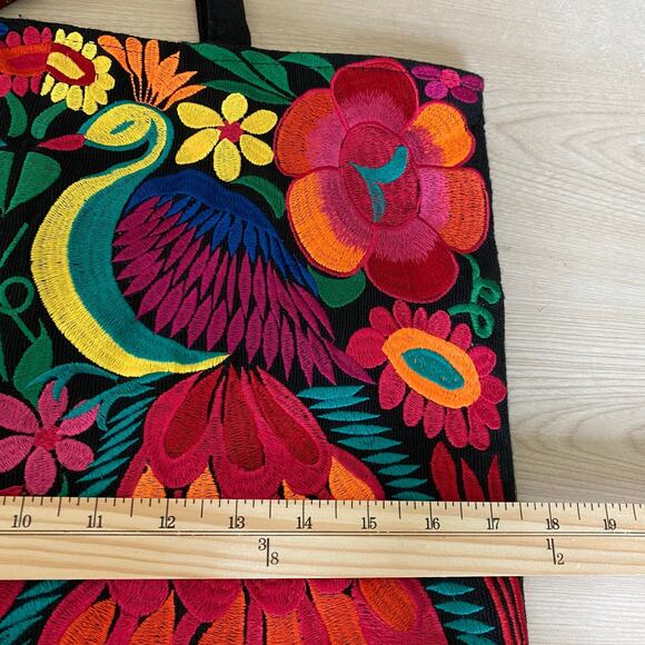 Embroidered Peacock Corduroy Canvas Tote Bag Black Pink Multicolor Artsy NEW - Picture 9 of 9